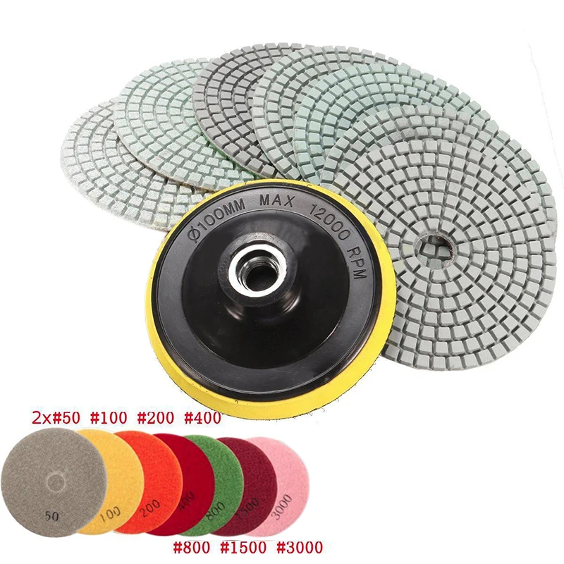 8pcs 4 inch Diamond Polishing Pads Wet/Dry Granite Concrete Marble Sanding Disc Set with Backer Pad