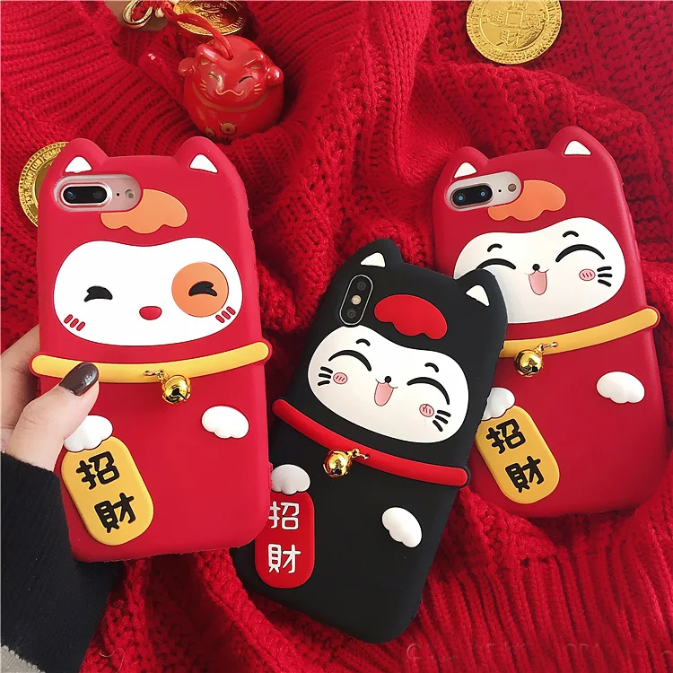 For iPhone XS max Lucky Cat Soft case for iphone 11 pro XR X 6 7 8 plus Maneki Neko Festive soft phone Small bell |