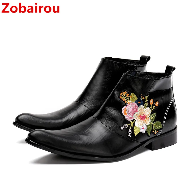 Zobairou chaussure homme; Черная мужская элегантная зимняя обувь из натуральной кожи; мужские ботинки челси с цветочной вышивкой; botas militares