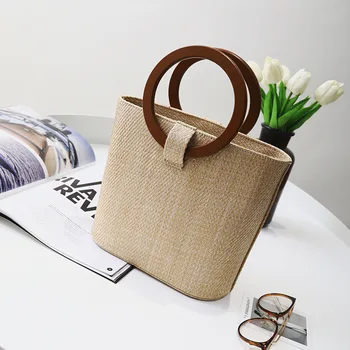 

Senior Straw Female 2019 New Simple Beach Woven Solid Wood Handbag Wild Single Shoulder Slung Bucket Bag Large Capacity Holiday