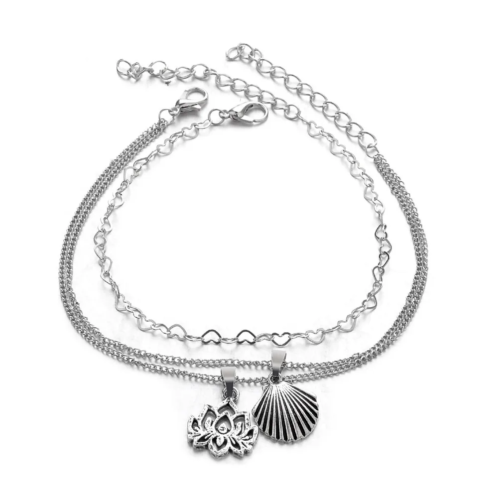 Модные браслеты из металлического сплава в виде ракушки в богемном стиле из 2 предметов для женщин, пляжный ножной браслет из веревки, ювелирные изделия