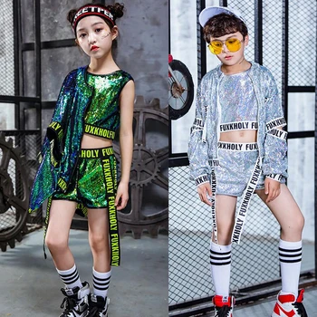 

Tops+Pant+Coat Kids Sequined Ballroom Modern Jazz Hip Hop Dance wear Clothes Costumes Girls Boys Performance Party Stage Outfits