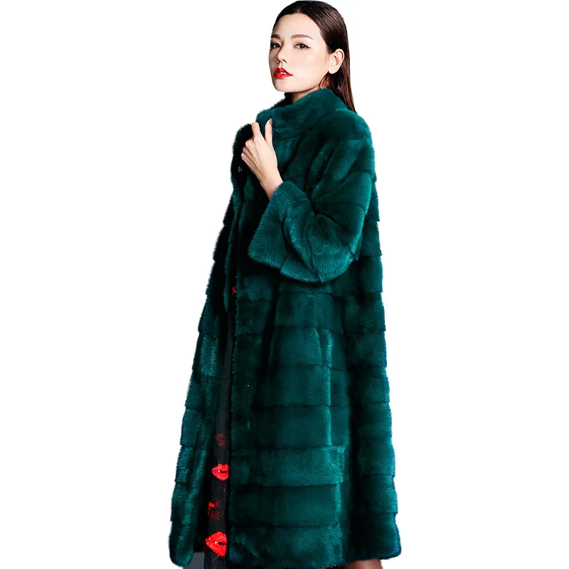 LTGFUR Winter Women's Print Red Flower Mink Coat Contrast Color Real Fur Coat Turn-Down Collar X-Long Loss Mink Coats