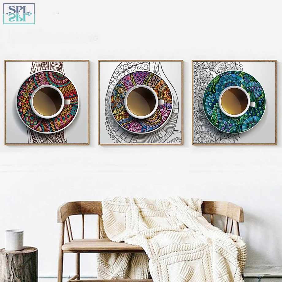 

SPLSPL Nordic Poster Creative Coffee Cup Canvas Painting Wall Art Canvas Prints Wall Pictures For Living Room Kitchen Decor