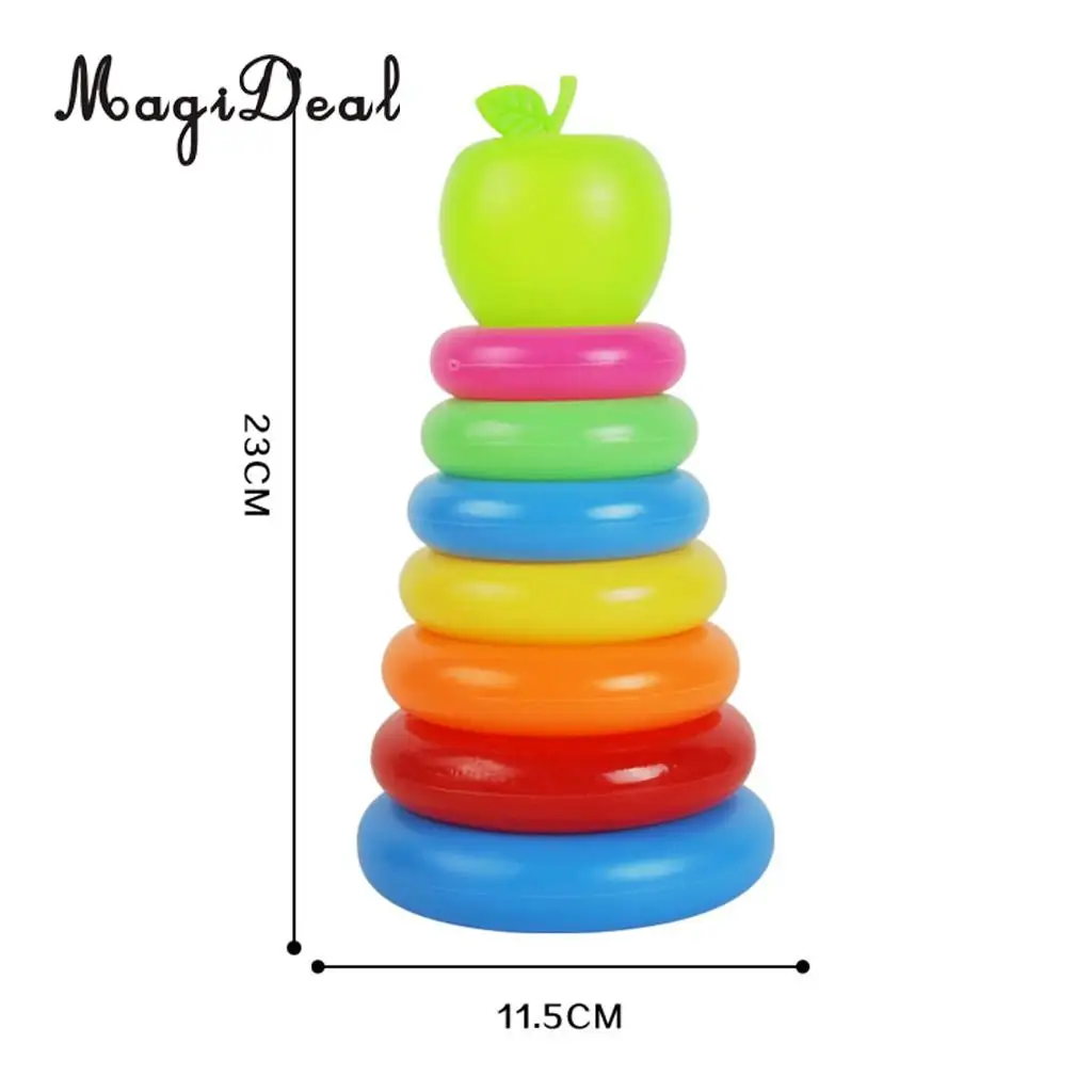 Kids Baby's Bath Tub Floating Toy Set - 7 Colorful Stacking & Nesting Rings with a Cute Green Apple, Birthday Gift