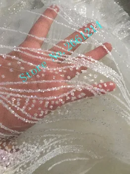 

BZL-05852 5yards/bag white color wavy flower hand print glitter tulle mesh lace fabric for wedding dress/sawing lace