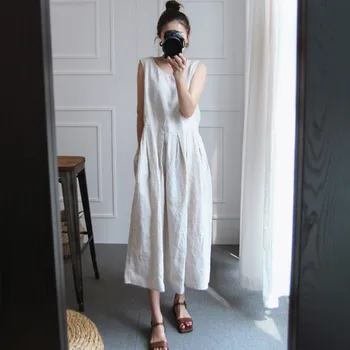 Johnature Summer New Sleeveless Large Size Cotton Linen Vintage Women Dresses 2021 Loose Casual Korean Solid Color Female Dress 1