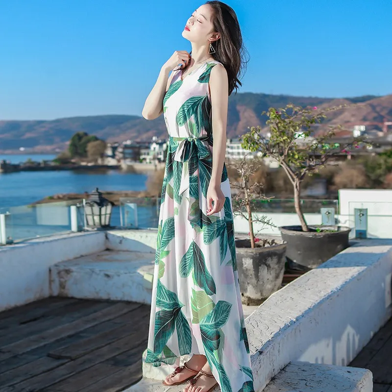 

2019 Bohemian Women Summer Long Print Waist Dress Leaf Print Sleeveless High Waist Dress Temperamental Lady Dress