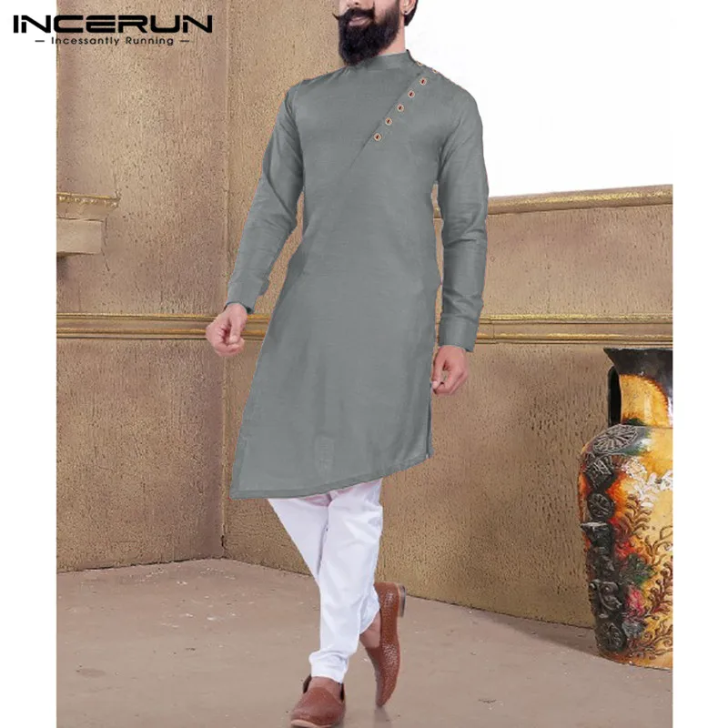 Винтажная Мужская рубашка с длинным рукавом, одноцветная, стоячий воротник, пуговица, индийский костюм, Необычные Длинные рубашки, Мужская мусульманская одежда, INCERUN