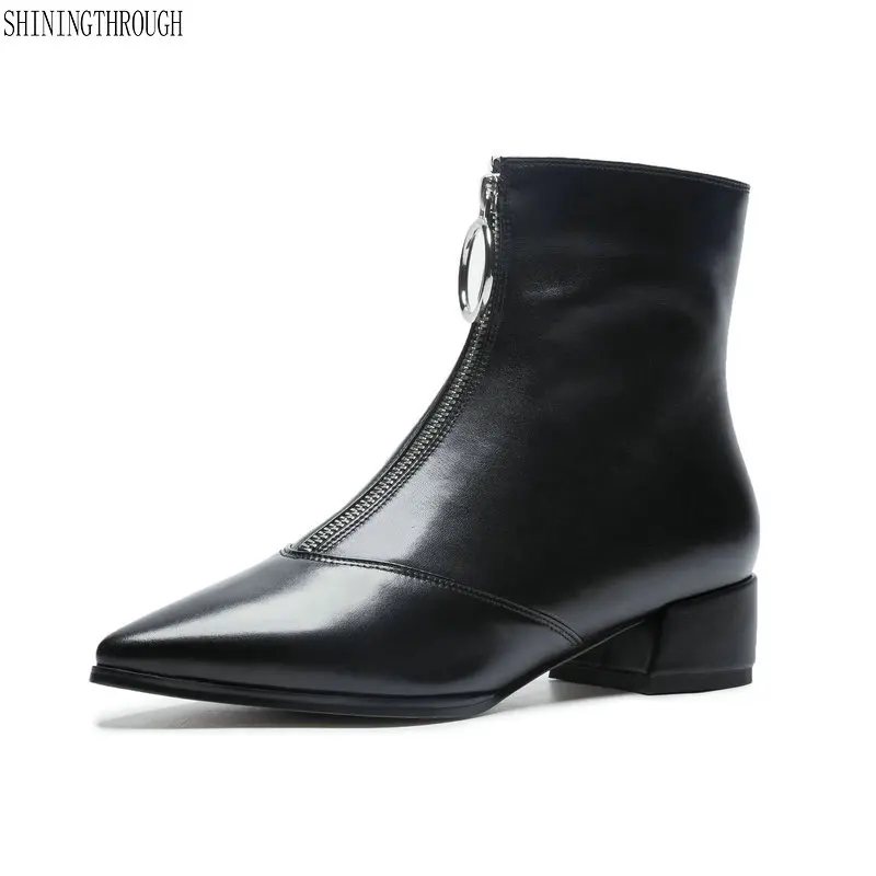 

2019 new arrival ankle boots for women genuine leather autumn boots pointed toe zipper med heels shoes woman large size 34-43