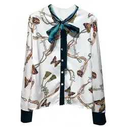 Для женщин Chic цепи печати блузка с длинным рукавом галстук-бабочка офисная одежда Винтаж Женский Повседневная рубашка повседневные блузки