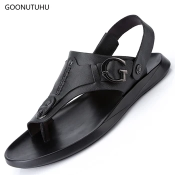 

2019 new men's sandal leather summer fashion casual shoes man solid black breathable shoe trend platform beach sandals for men