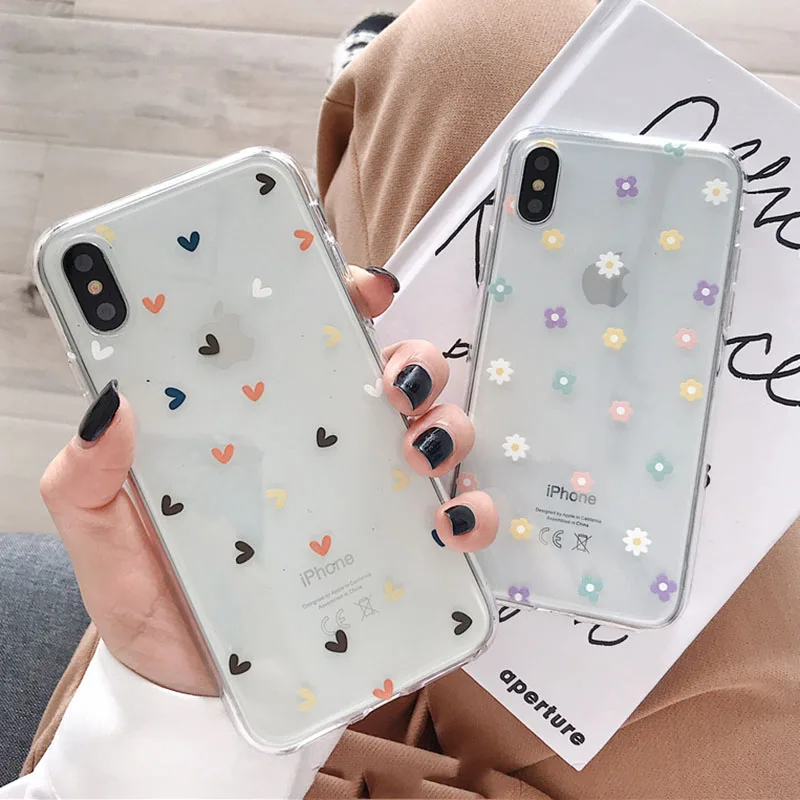 

Love Hearts Stars Floral Case For iPhone XR X Xs Max Transparent Clear Soft Silicon Back Cover For Coque iPhone 7 8 6s 6 s Plus