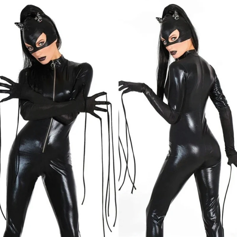 

2018 new high quality black patent leather cat girl sexy female onesies nightclub club DS service Halloween horror costume