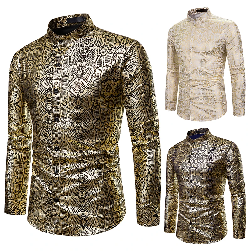 

(European Size) 2019 Autumn New Nightclub Men Henry Collar Snake Pattern Hot Stamping Shirt Slim Long-Sleeved Shirt