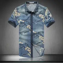 Модные летние рубашки с короткими рукавами с принтом повседневные джинсовые рубашки с отложным воротником синие рубашки Размер 4XL 5XL