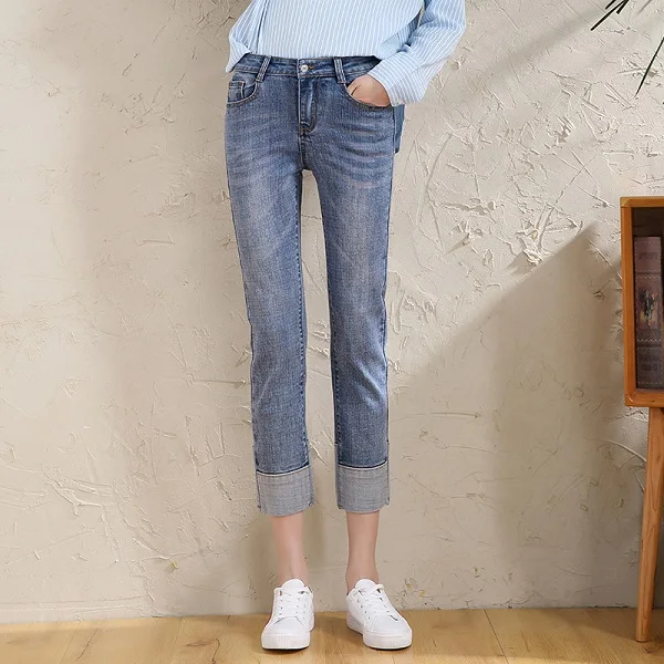 Light blue Jeans Новые летние высокие эластичные джинсы для женщин, Стрейчевые узкие брюки-карандаш с манжетами, серые повседневные джинсовые укороченные штаны для женщин - Цвет: Light blue Jeans
