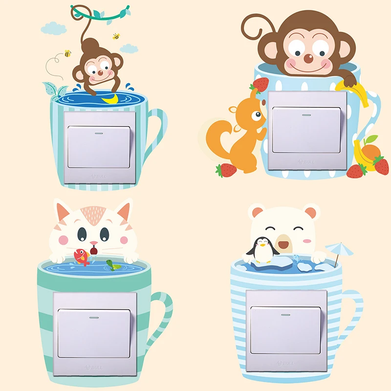 

1Pcs Cute Monkey Cat Polar Bear Penguin Cactus Switch Panel Stickers For Home Decor Living Room PVC Animal Mural Wall Art Decals