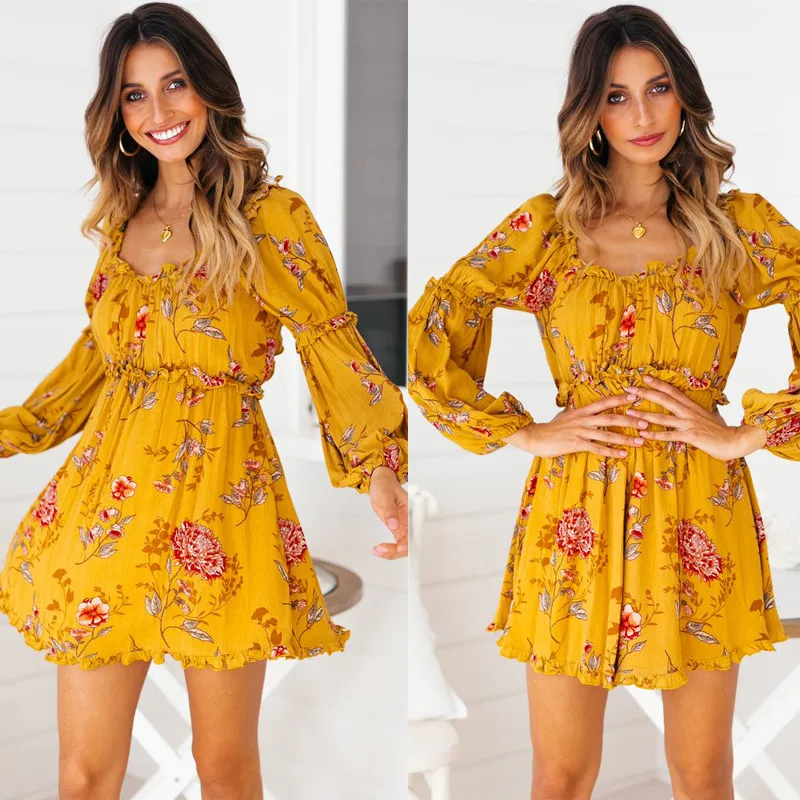 yinlinhe Yellow Floral Summer Dress Long Sleeve Off Shoulder Women Beach Dress Cotton Backless Lace Up Boho Sexy Vestido 8