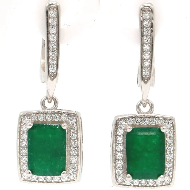 

Elegant Real Green Emerald White CZ Woman's Gift Silver Earrings 29x10mm