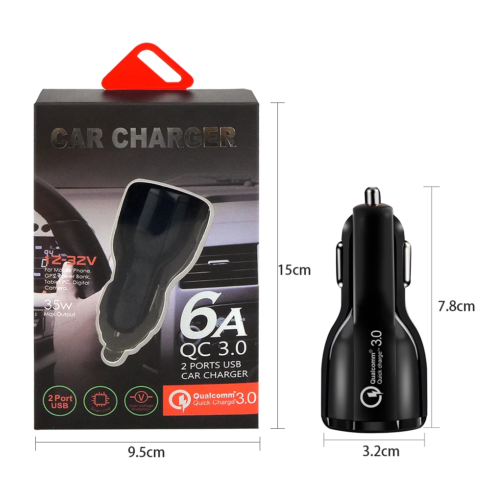 

Newest Unique Shape 3.0 2.0 Fast Charge USB Mobile Phone Car Charger 2 Ports 50min To 100% Battery For Univeral With Box
