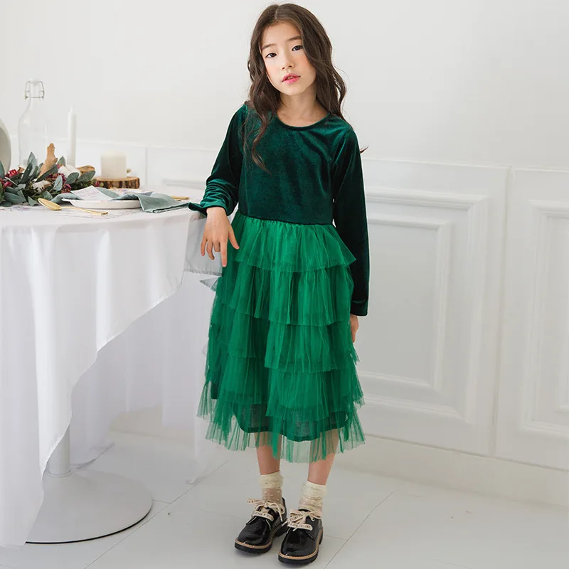 Sweet Kids Girls Princess Tutu Layered Green Color Dress Velvet