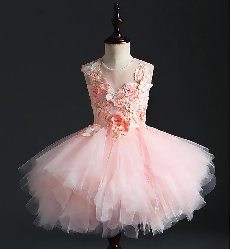 Розовый для маленьких девочек Свадебная вечеринка Бисер для платья Аппликации слоистых тюль Крещение платье новорожденных принцессы на День Рожде