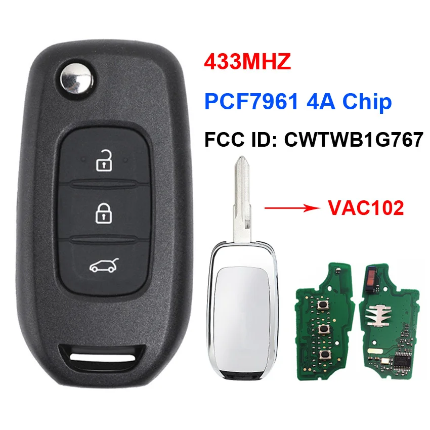 3 кнопки дистанционного ключа 433 МГц PCF7961 4A чип FCCID: CWTWB1G767 для Renault Kadjar Captur Symbol Megane 3 2013- VAC102