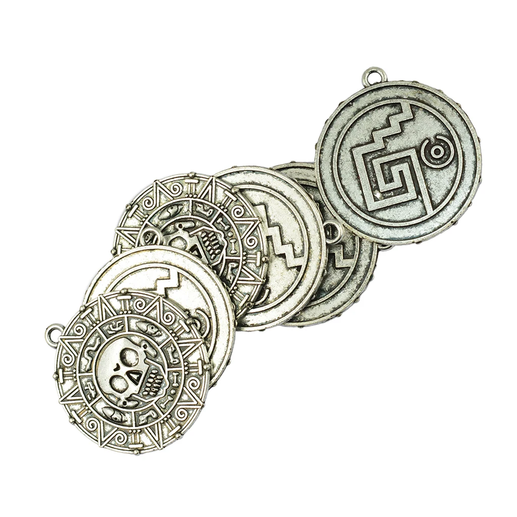 6 Pieces Caribbean Movies Cursed Aztec Coin Medallion Skull Necklace Pendant DIY Jewelry Making