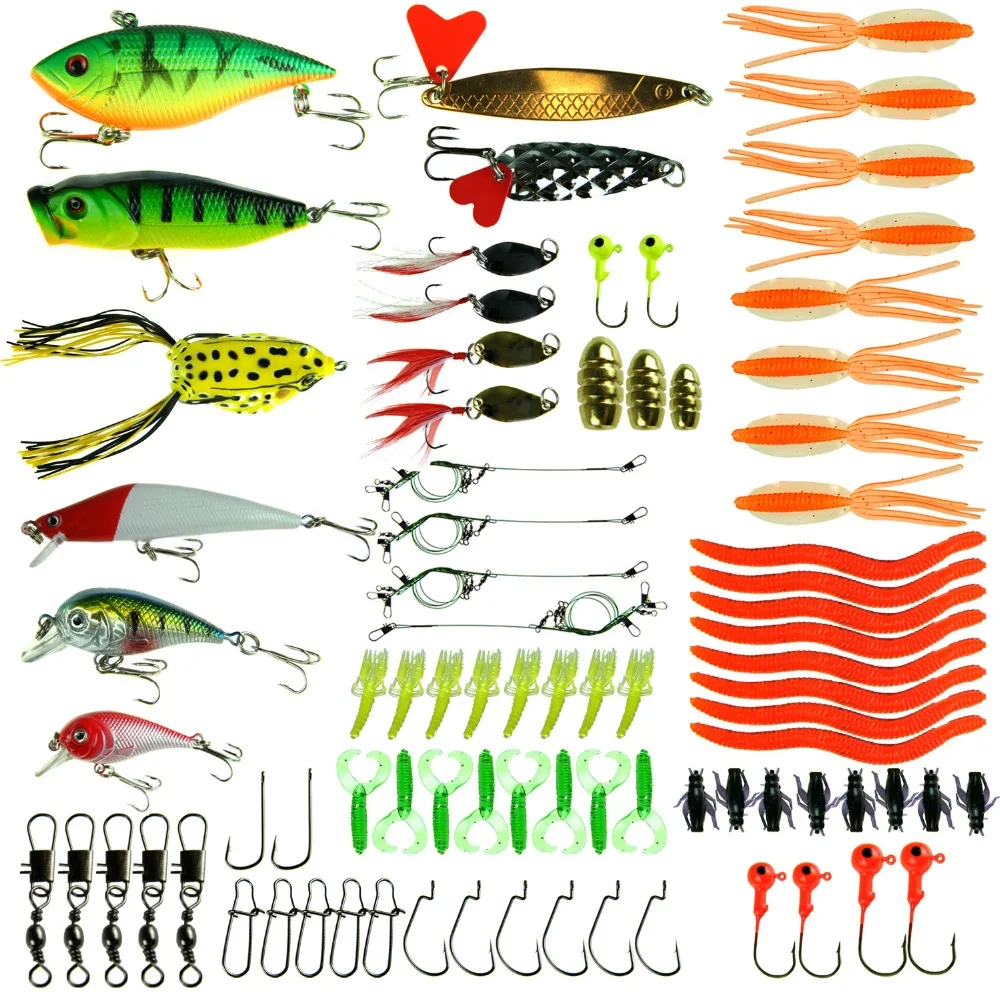 Bass Fishing Lures Kit Set 100 Pcs,Fishing Tackle Hooks Jigs Worms