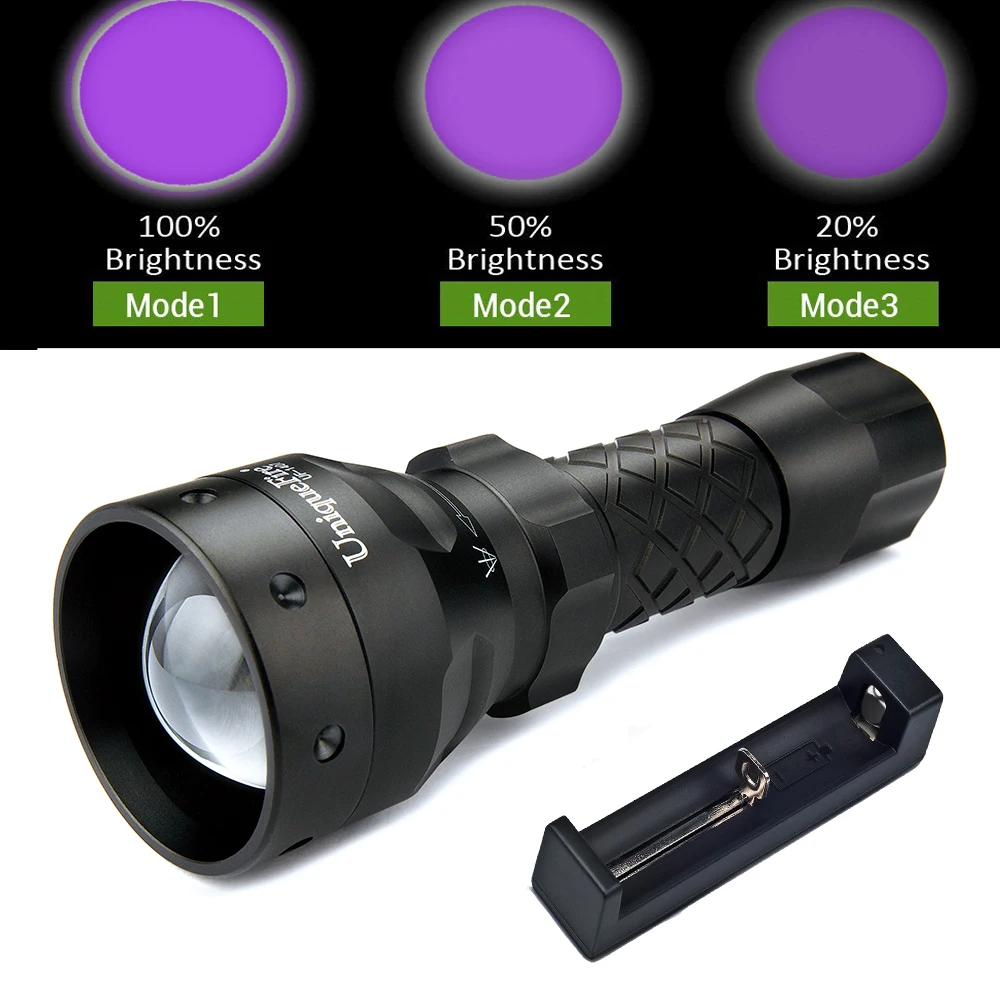 

UniqueFire Powerful Flashlight 1407-XPE Zoom 3 Modes LED Adjustable Focus Len Portable Lamp Torch W/G/R Light+Charger