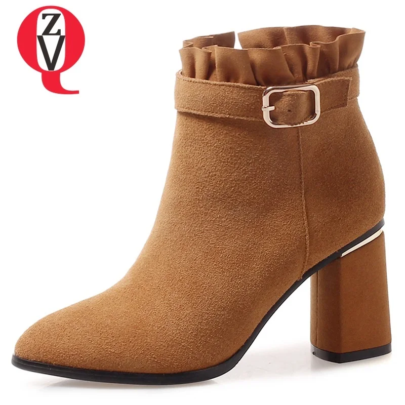 

ZVQ new fashion boots women high square heel zipper cow suede shoes women high square heel pointed toe ruffles warm ankle boots