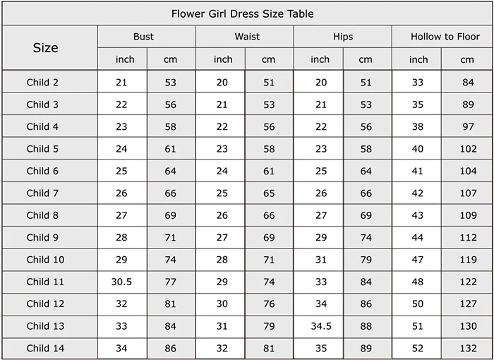 flower girl dress size table1