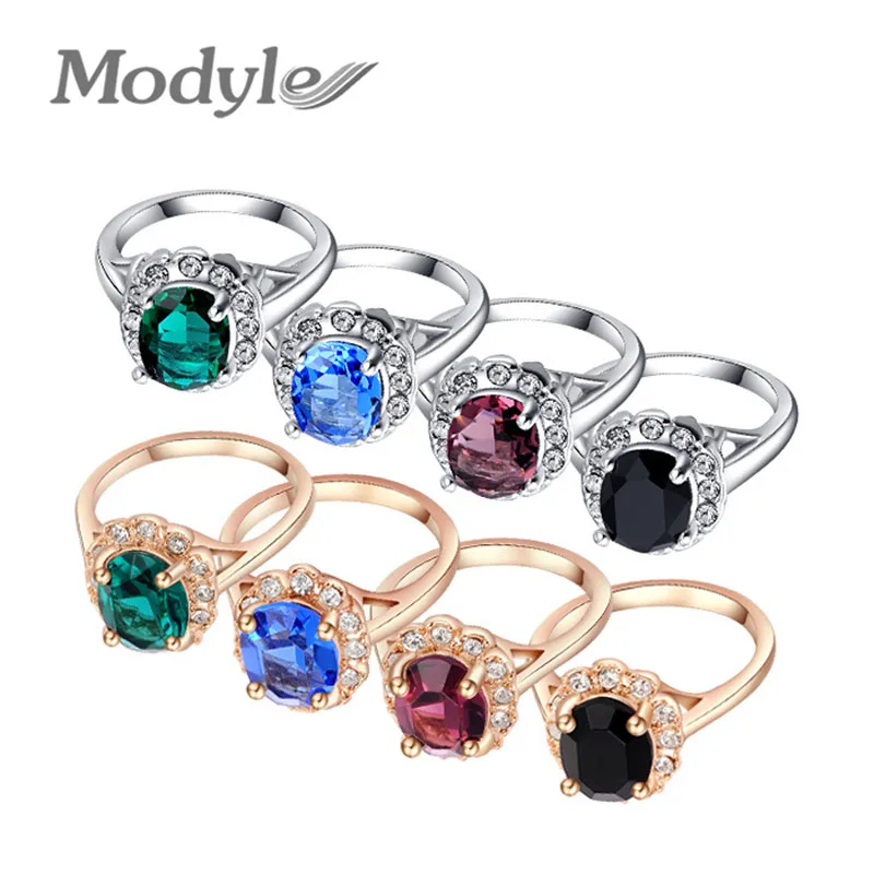 

Modyle Brand Black/Blue/Green/Purple Crystal Big Rings For Women Gold-Color Ring Fashion Jewelry Nickel Free