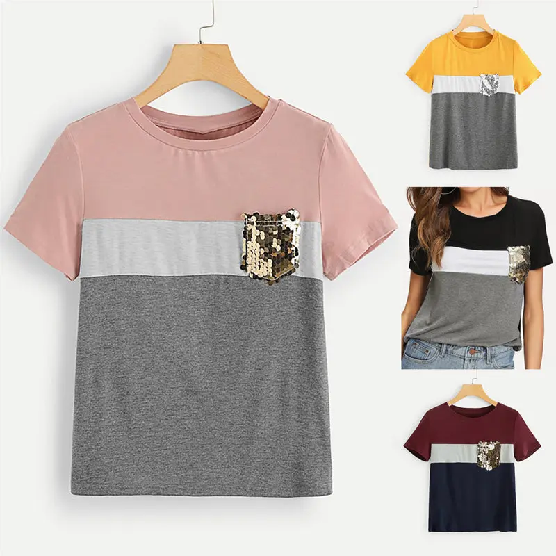 

Fashion Women Color Block Tops Sequin Pocket O-Neck Short Sleeve T-Shirt Tops Casual Patchwork t shirt For Lady Woman's Top