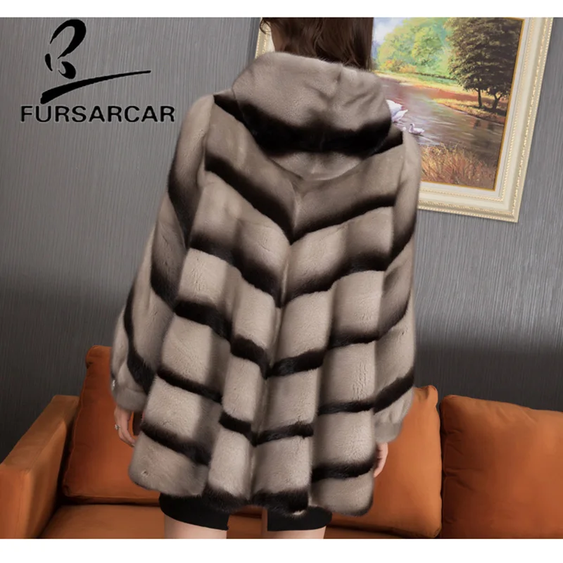 

FURSARCAR Fashion Women Real Fur Coat Luxury Natural Mink Fur Jacket England Skirt Style Winter Mink Fur Coat With Fur Hood