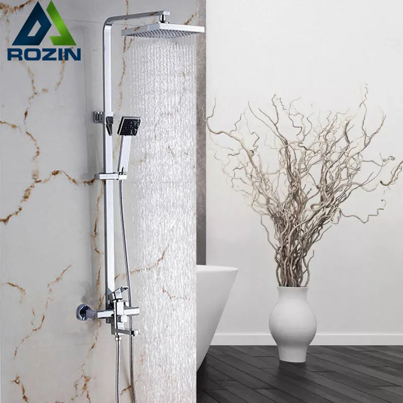 

Square Chrome Rainfall Bath Shower Mixer Faucet Set Wall Mounted with Hand Shower Swivel Tub Spout Shower Taps for Shower Cabin