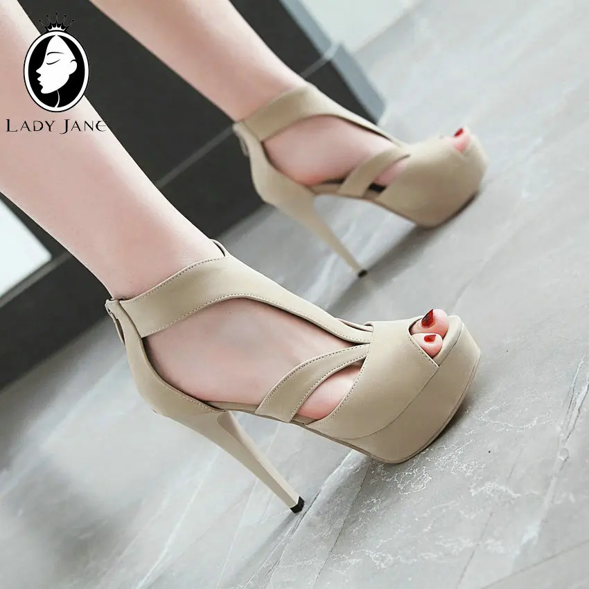 

Lady Jane Peep Toe 12CM High Heel Stilettos Pums Women 2019 Flock Zipper Black Platform Ladies Dress Shoes Size 43 Summer Shoes