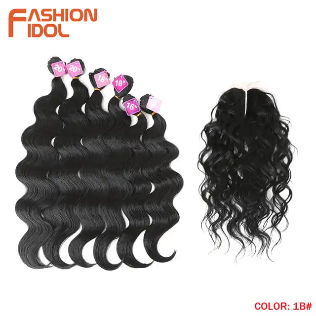 FASHION IDOL Body Wave Synthetic Hair Bundles With Closure 16-20 Inch 7 Pcs/lot Ombre Blonde Weaving Hair Extension For Women #1B