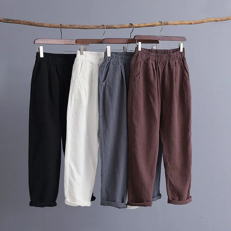 OriGoods винтажные летние женские брюки из хлопка и льна с эластичным поясом, Капри, новинка, женские шаровары, оригинальные брюки C216