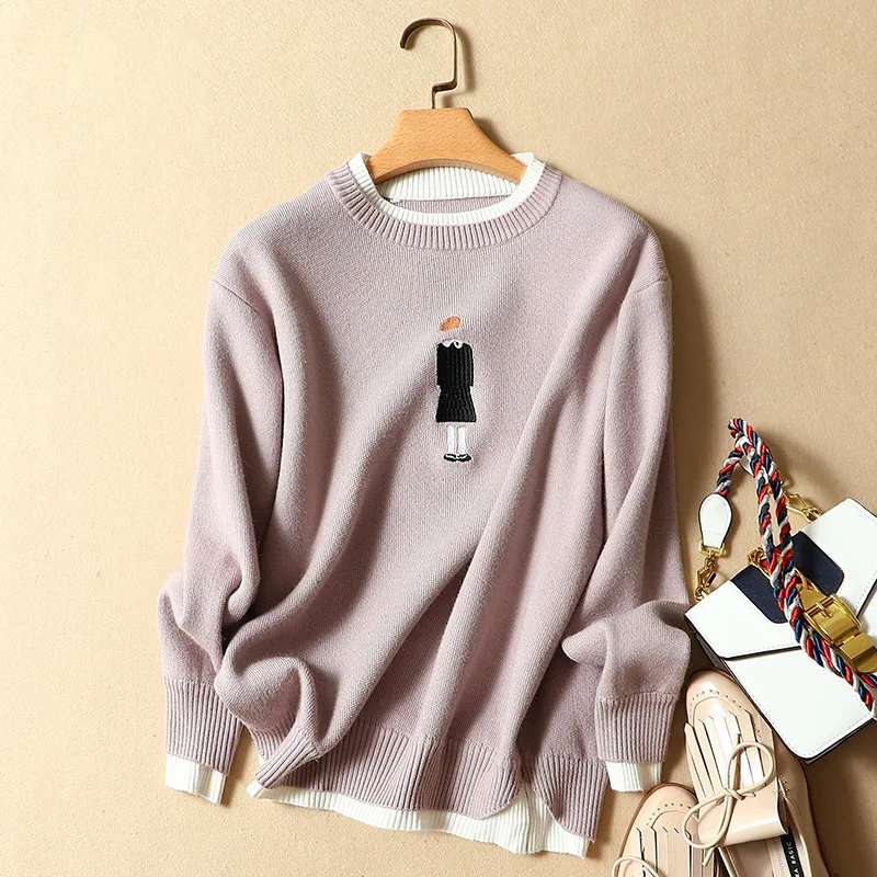 

2019 new o-neck embroidery women sweaters and pullovers knitted lady elegant outwear coat tops