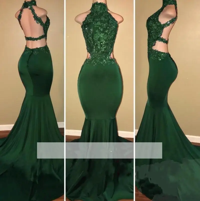 181Emerald Green 2019 Prom Dresses Mermaid Halter Appliques Beaded Backless Party Maxys Long Prom Gown Evening Dress Robe De Soiree