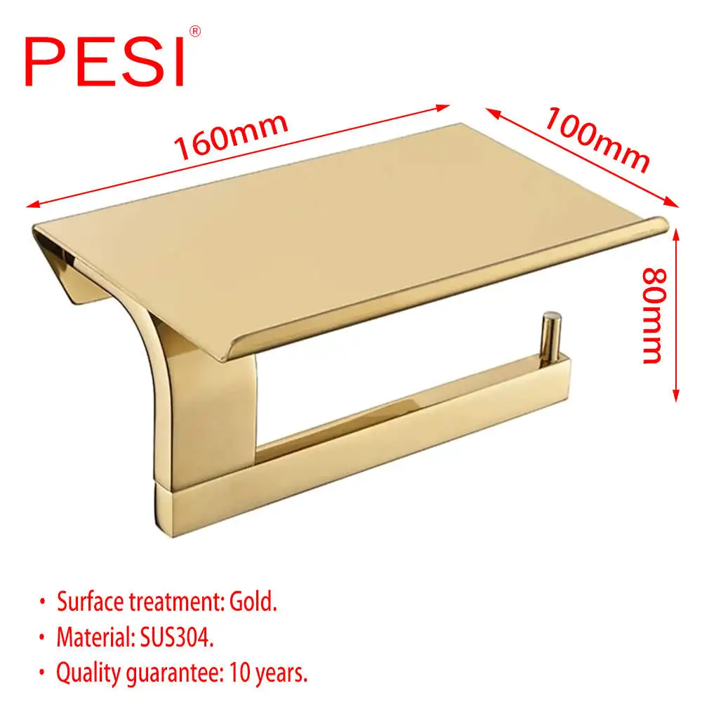 PESI аксессуары для ванной комнаты, вешалка для полотенец, держатель для бумаги, полка, набор оборудования, крючок для халата, 304 нержавеющая сталь, хром - Цвет: Gold
