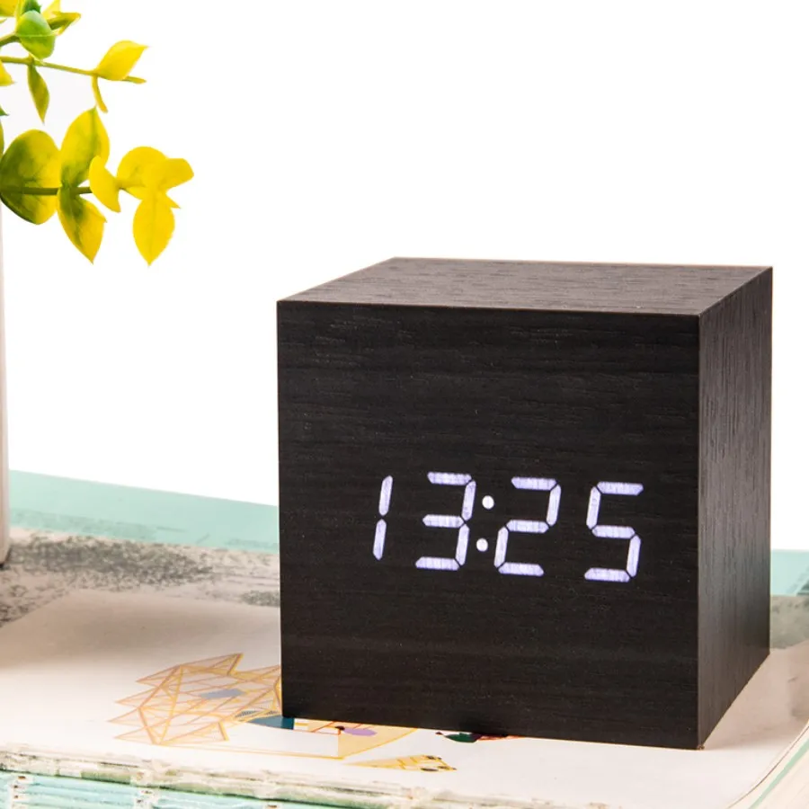  Cube Wooden Bamboo Clock Digital LED Desk Table Alarm Clock Thermometer Sounds Control LED display 