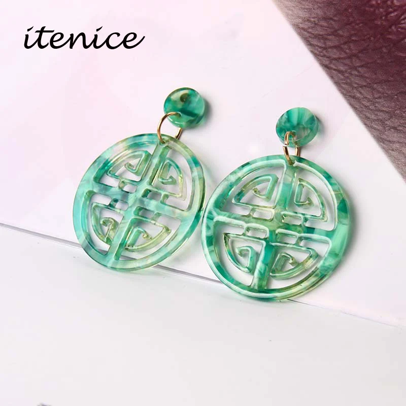

2018 New Korean Fashion Women Temperament Earrings Geometric Hollow Design Acetate Plate Round Drop Earrings 2018 Summer Jewelry