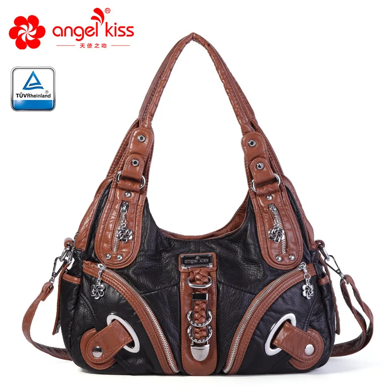 

Angelkiss Fashion High Quality 2 Top Zipper Washed PU Leather Handbag Large Capacity Shoulder Bags Designer Bags with Free Gift