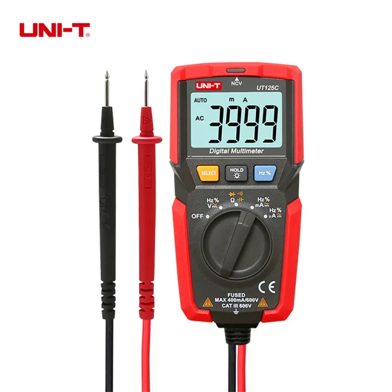 

UNI-T Pocket Size Digital Multimeter UT125C DC/AC 400uA~400mA Resistor Capacitor Frequency Diode NCV Test Low Voltage multi-mete