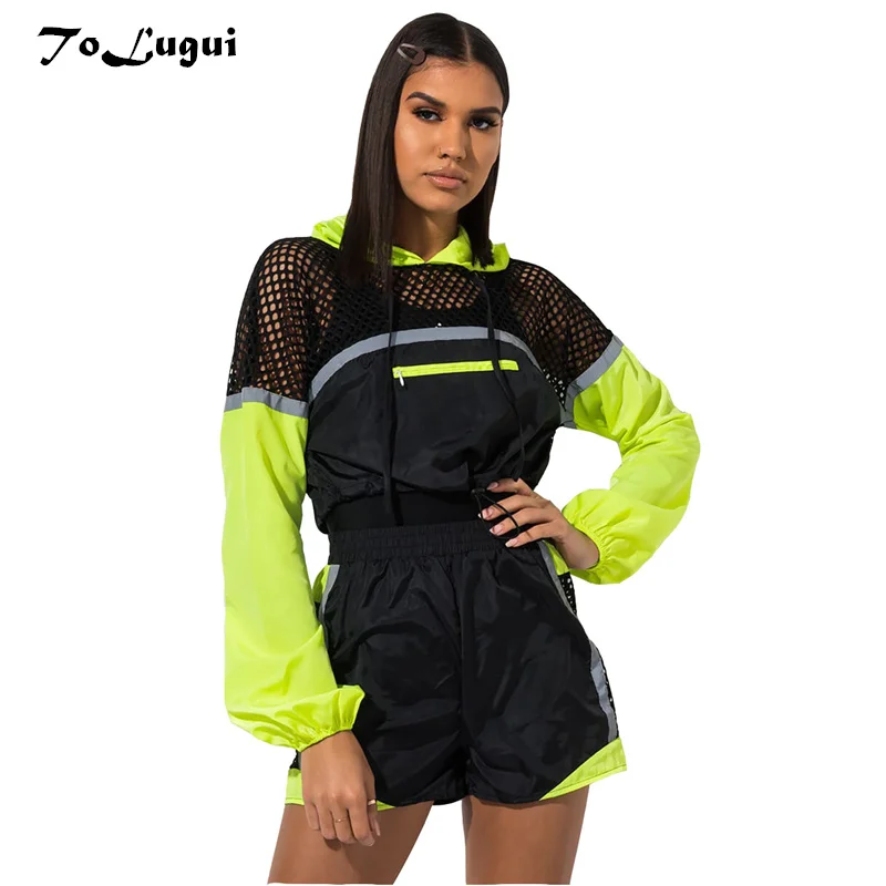 

ToLugui Spring Summer Women's Set Long Sleeve Sports Suit Mesh Patchwork Hooded Sweatshirt+Shorts 2piece Set Tracksuit For Women
