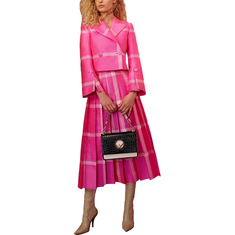 Модная Женская Весенняя подиумная одежда блузка с отложным воротником плиссированная юбка в полоску размера плюс XXXL двойной комплект розовый комплект из 2 предметов