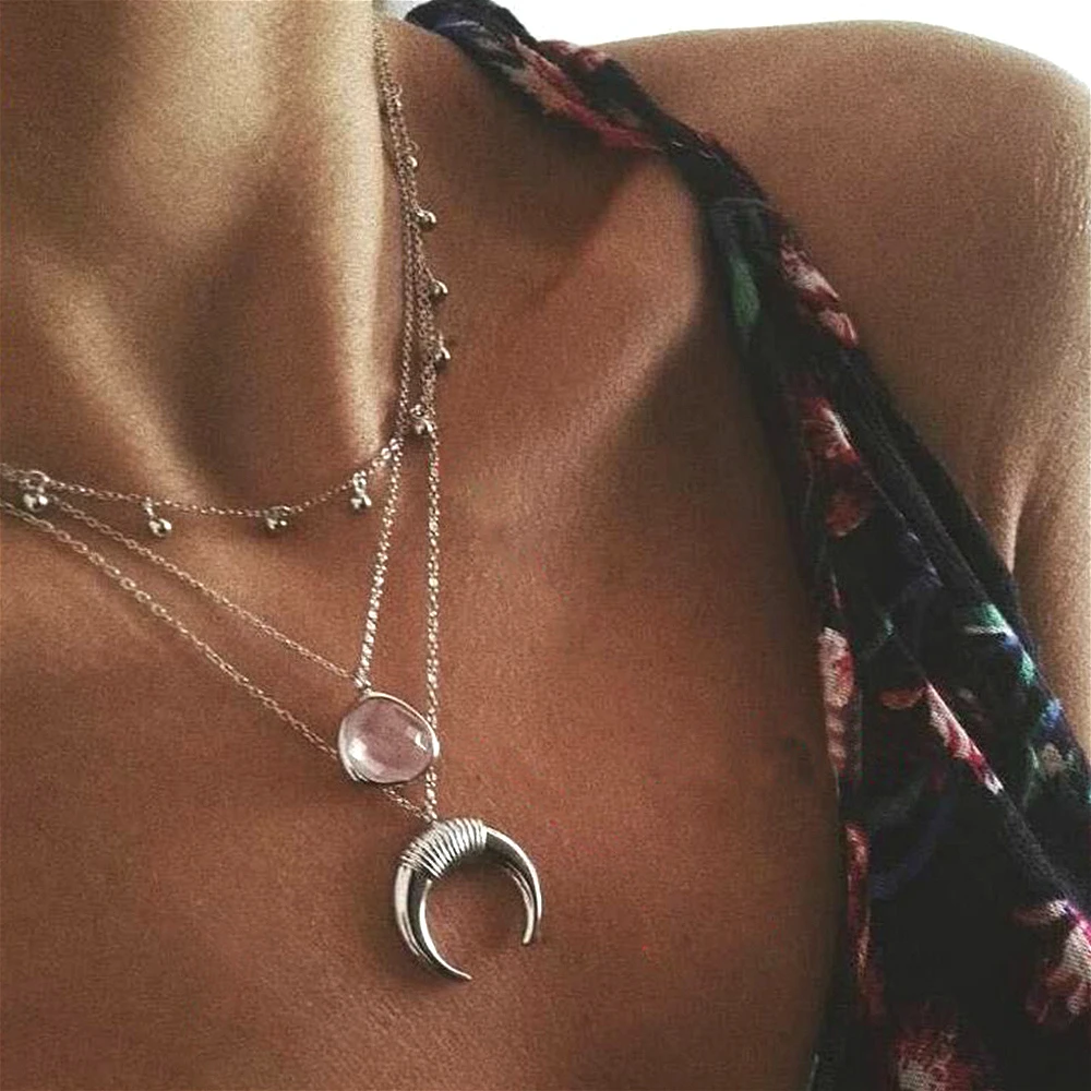 3 Pcs/Set Women Fashion Pink Crystal Moon Bead Pendant Silver Color Multilayer Clavicle Chain Retro Beach Necklace Jewelry | Украшения и